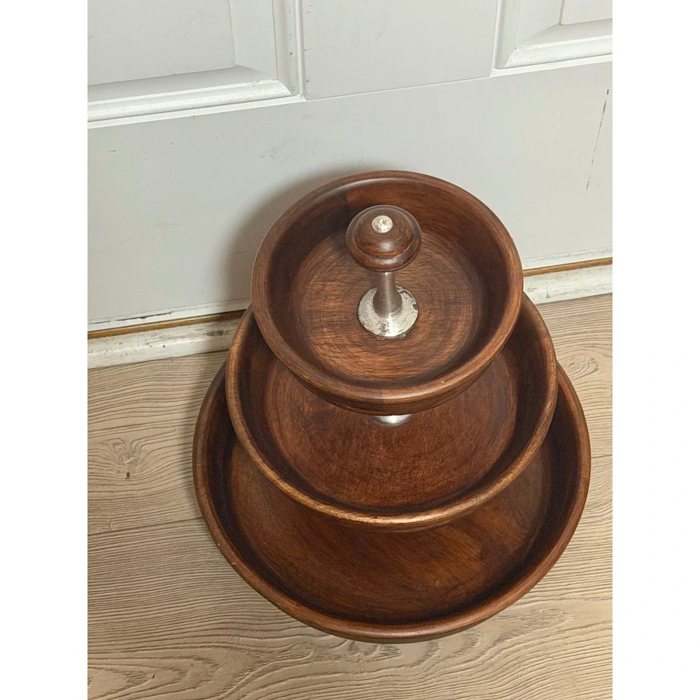 Pottery Barn 3 Tier Wooden Serving Stand Dark Wood Silver Metal Hardware Tray